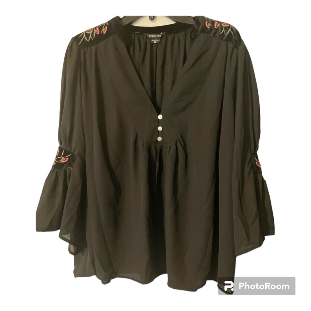 PaperTee sheer black blouse w/velvet & beautiful embroidery accents v-neck EUC/M